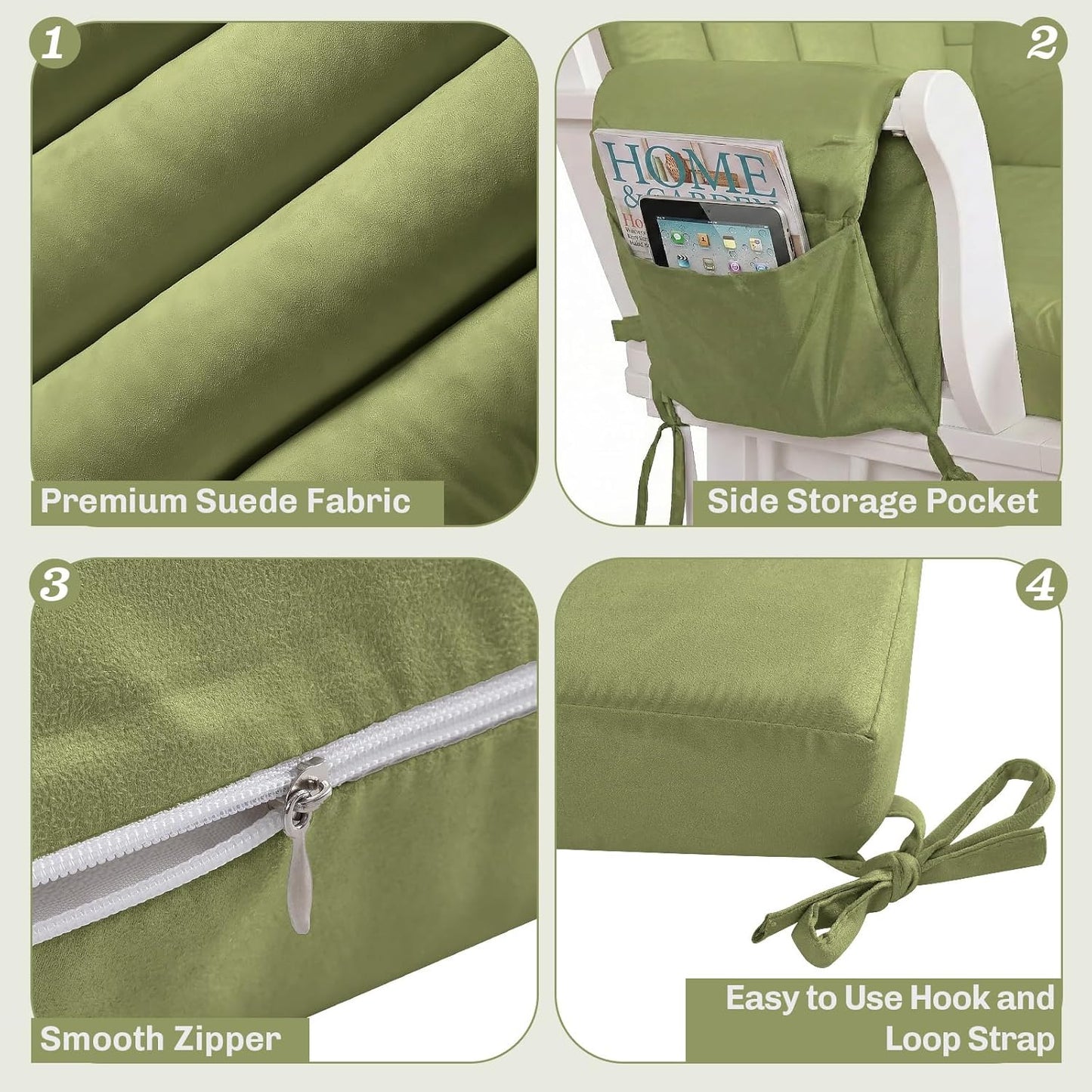 5PCS Suede Glider Rocker Replacement Cushions with 29.5" High Backrest & Side Pockets, Thickened Soft Glider Rocking Chair Cushions with Ottoman Cushion for Indoor Nursery Rocking Chair, Green