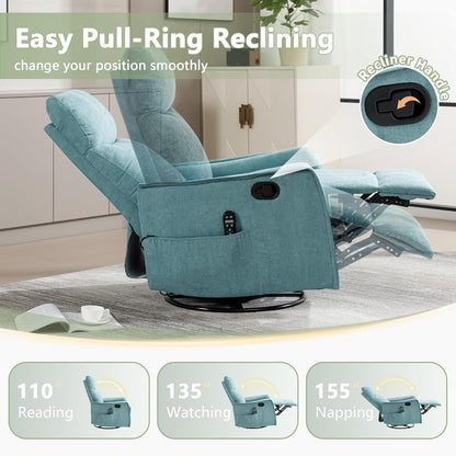 cinkehome Swivel Rocker Recliner, Glider Rocker Recliner Chair for Nursery, Manual Reclining Chair with Heated Massage, Small Spaces, Living Room, Khaki Chenille