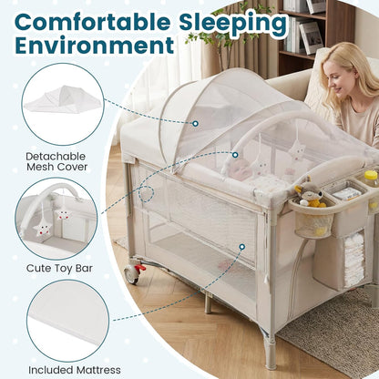 BABY JOY 5-in-1 Pack and Play with Canopy, 4 Level Heights Baby Bedside Sleeper w/Bassinet, U-Shaped Changing Table, Safety Strap, Side Zipper, Portable Bedside Crib Playard from Newborn to Toddlers