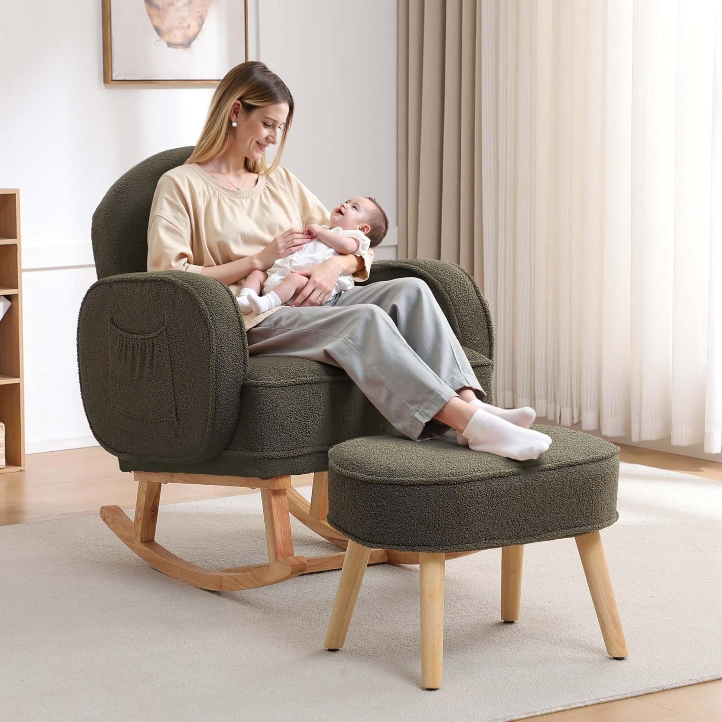 HCHAIRH Nursery Rocking Chair with Ottoman, Upholstered Glider Rocker with High Backrest Side Pocket, Rocking Accent Armchair with Solid Wood Legs for Nursery, Living Room, Bedroom, Light Grey