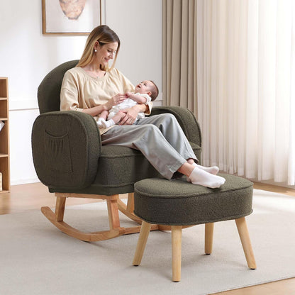 HCHAIRH Nursery Rocking Chair with Ottoman, Upholstered Glider Rocker with High Backrest Side Pocket, Rocking Accent Armchair with Solid Wood Legs for Nursery, Living Room, Bedroom, Light Grey