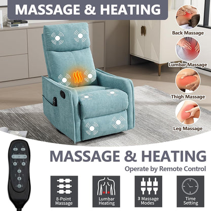 Massage Chair Recliner with Heat, Swivel Rocking Chair Recliner with High Back, Manual Nursery Recliners for Adults,Small Recliner Chair for Small Spaces, Living Room Bedroom, Fabric (Blue Green)
