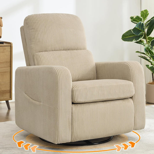 Swivel Rocker Recliner, Oversized Boucle Glider Recliner Nursery, Manual Swivel Rocking Reclining Chairs with Removable Cushion and Lumbar Support for Nursery Living Room Bedroom, Teddy White