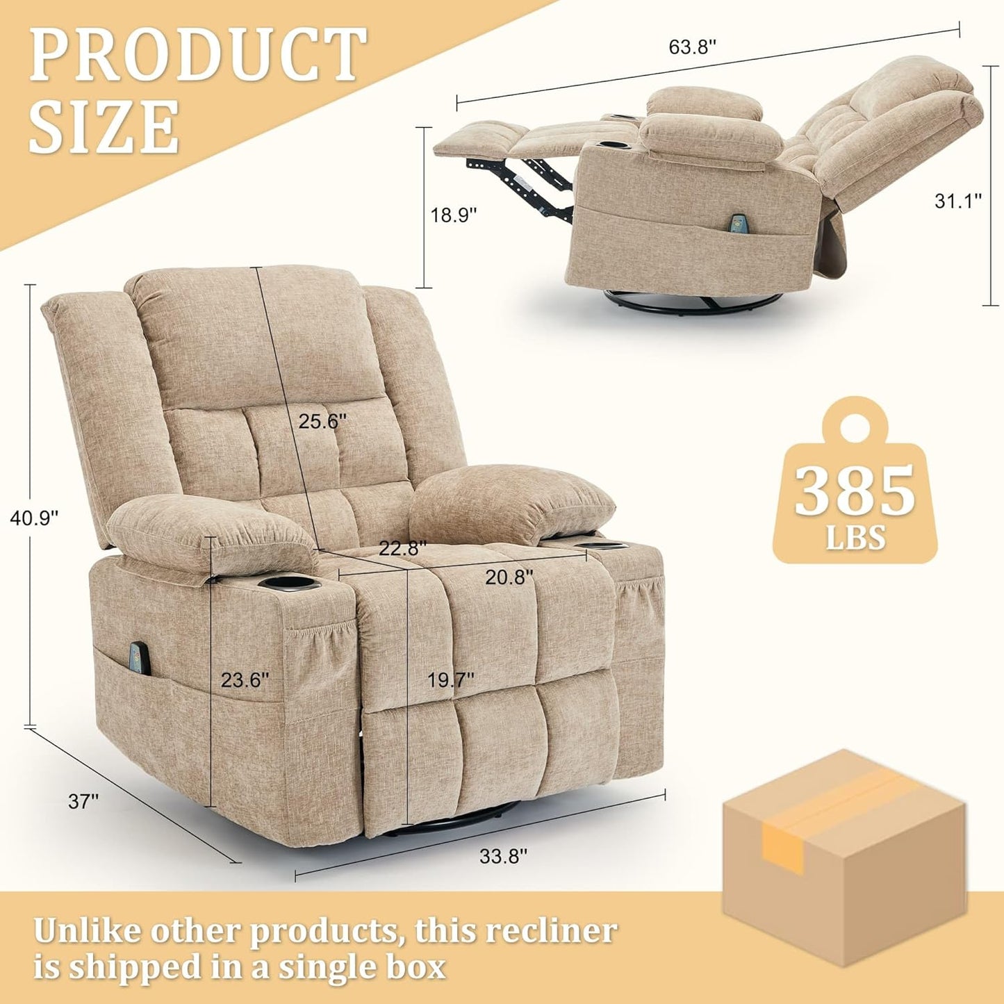 Korser 360° Swivel Rocker Recliner for Adults, Nursery Glider Recliner with Massage and Heating, Rocking Chair with Cup Holder, Manual Recliner Chair for Living Room, Bedroom (Fabric, Beige)