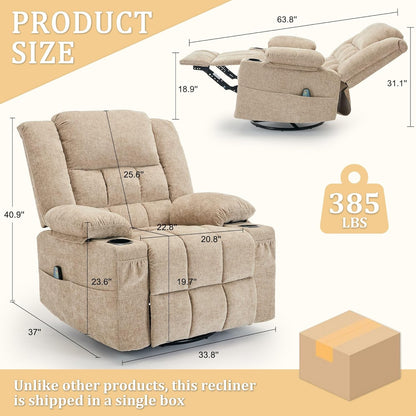 Korser 360° Swivel Rocker Recliner for Adults, Nursery Glider Recliner with Massage and Heating, Rocking Chair with Cup Holder, Manual Recliner Chair for Living Room, Bedroom (Fabric, Beige)