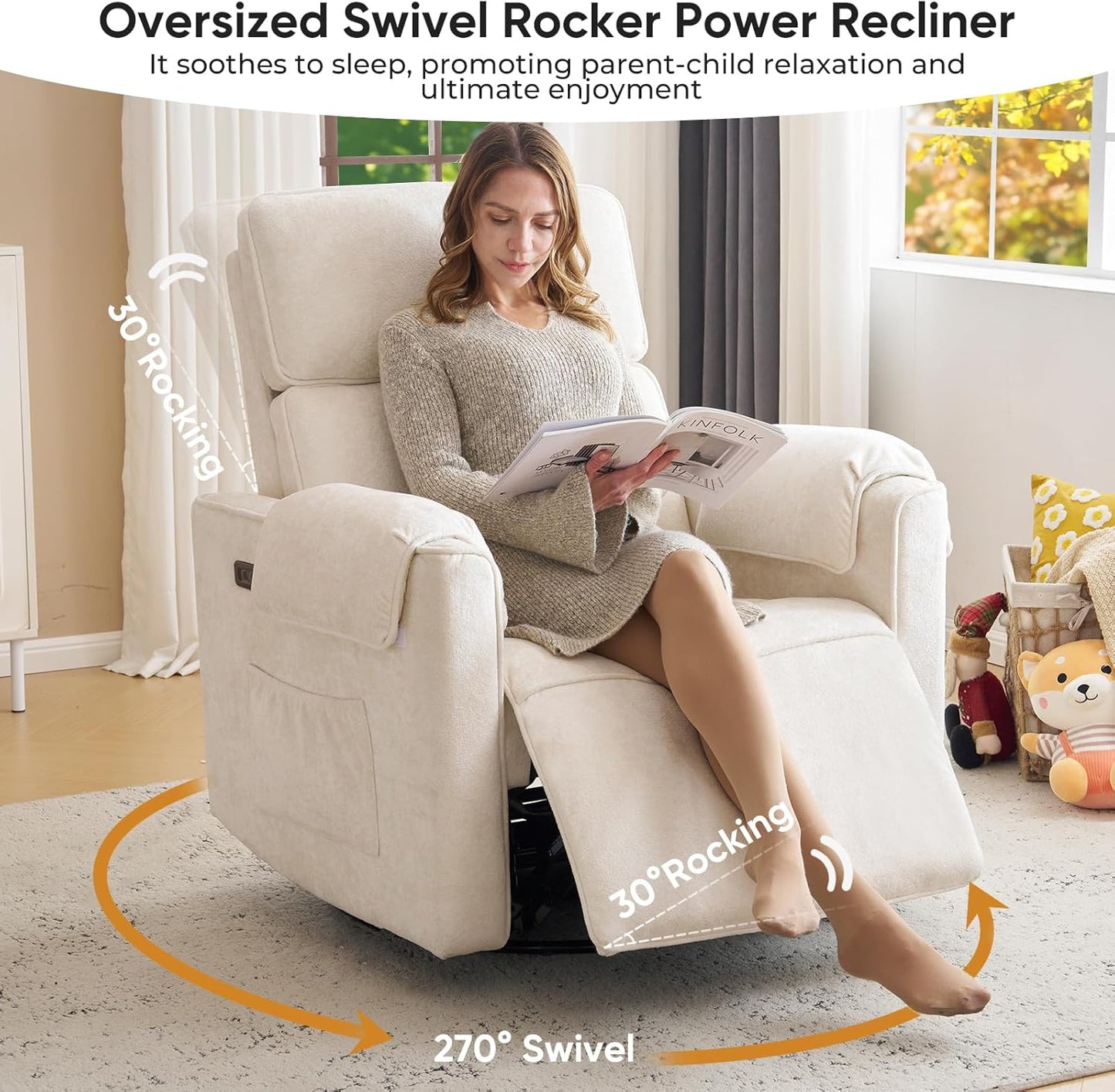 Oversized Power Rocker Recliner Chair, 26" Extra Wide Swivel Recliner with Adjustable Headrest, Chenille Glider Rocking Nursery Chair with Overstuffed Armrest, USB Ports, Cream
