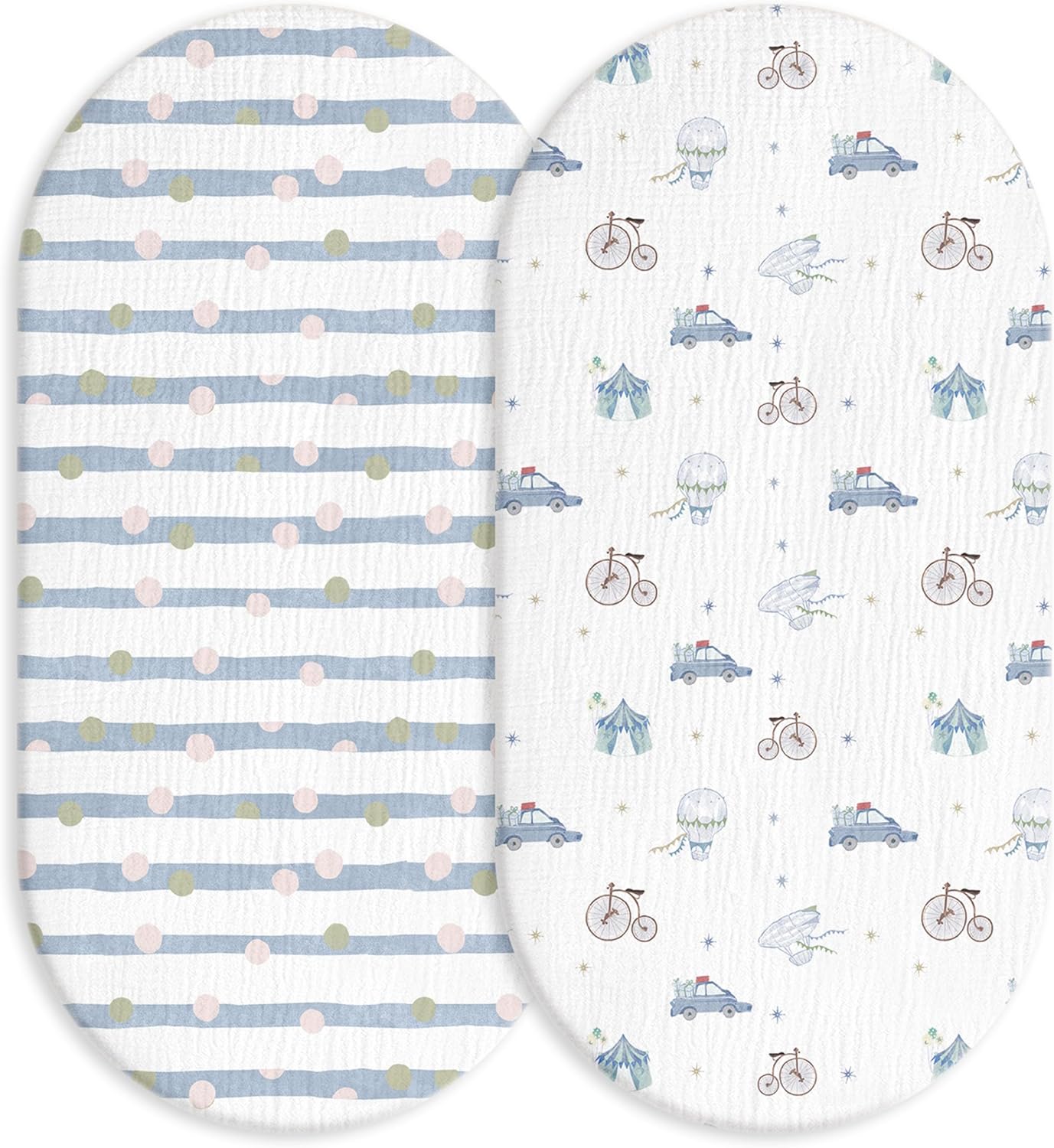 Muslin Bassinet Fitted Sheets 2 Pack, Soft Breathable Cotton Baby Bassinet Mattress Sheet Set, 360° Elastic Snug Fit, Universal for Oval, Rectangle & Hourglass Cradle, Unisex Baby Bedding (Cute Cars)
