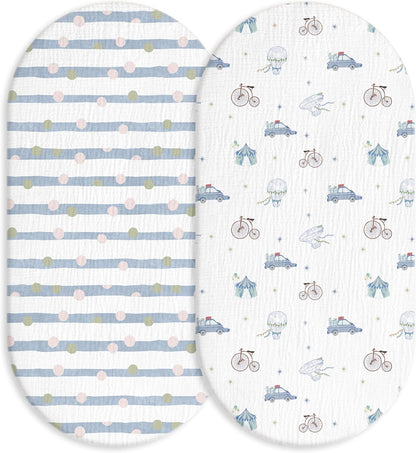 Muslin Bassinet Fitted Sheets 2 Pack, Soft Breathable Cotton Baby Bassinet Mattress Sheet Set, 360° Elastic Snug Fit, Universal for Oval, Rectangle & Hourglass Cradle, Unisex Baby Bedding (Cute Cars)
