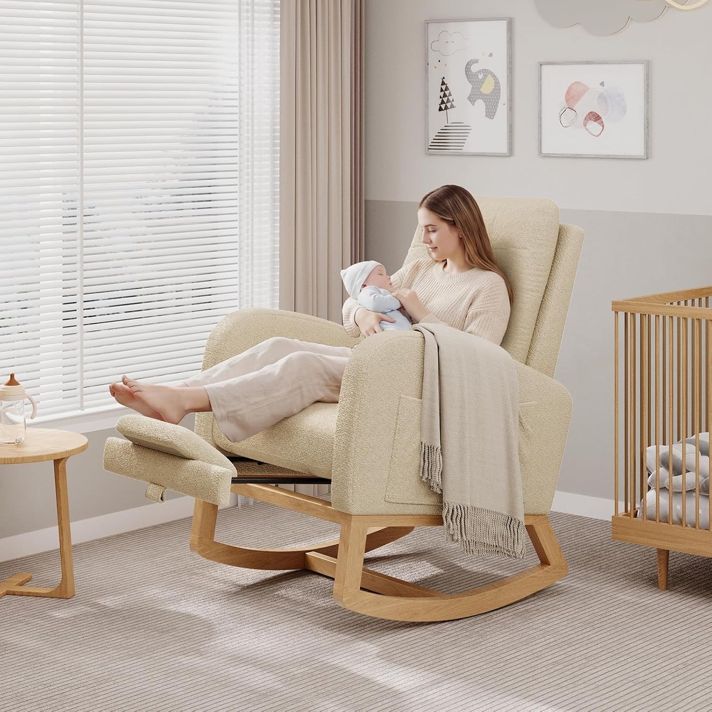 Modern Rocking Chair for Living Room, Comfortable Recliner Rocker with Side Pocket, Soft Linen Upholstered Glider Chair for Bedroom, Nursery, Lounge-Grey