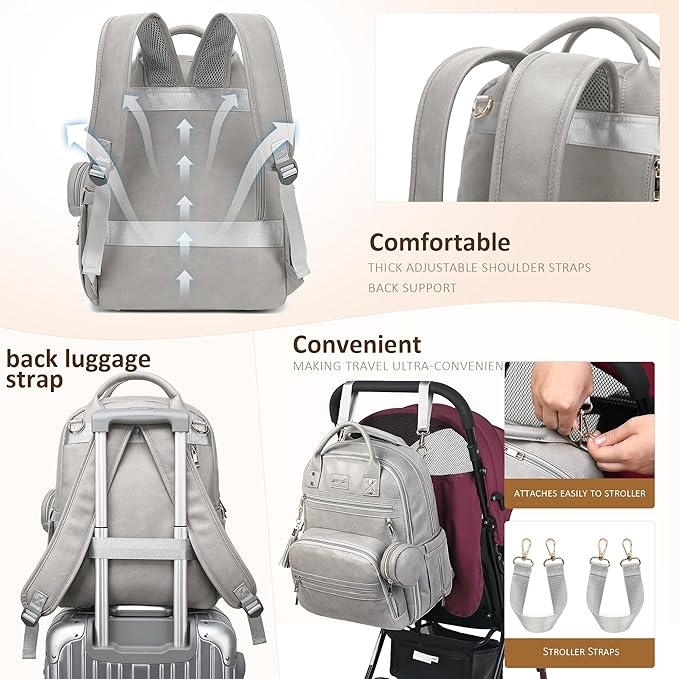 ROSEGIN Premium Vegan Leather Diaper Bag Backpack with Waterproof Changing Pad, Reinforced Zippers & Odor-Free, 20 Pockets Pro Organizer, Fits 15.6" Laptop, Stroller Straps, Baby Bag for Mom, Grey