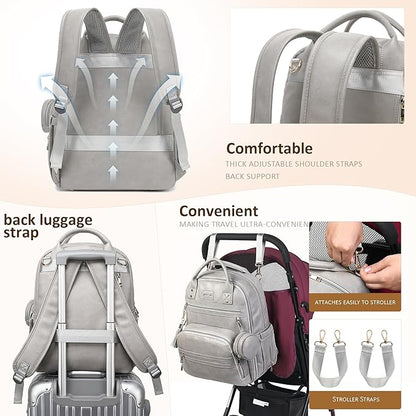 ROSEGIN Premium Vegan Leather Diaper Bag Backpack with Waterproof Changing Pad, Reinforced Zippers & Odor-Free, 20 Pockets Pro Organizer, Fits 15.6" Laptop, Stroller Straps, Baby Bag for Mom, Grey