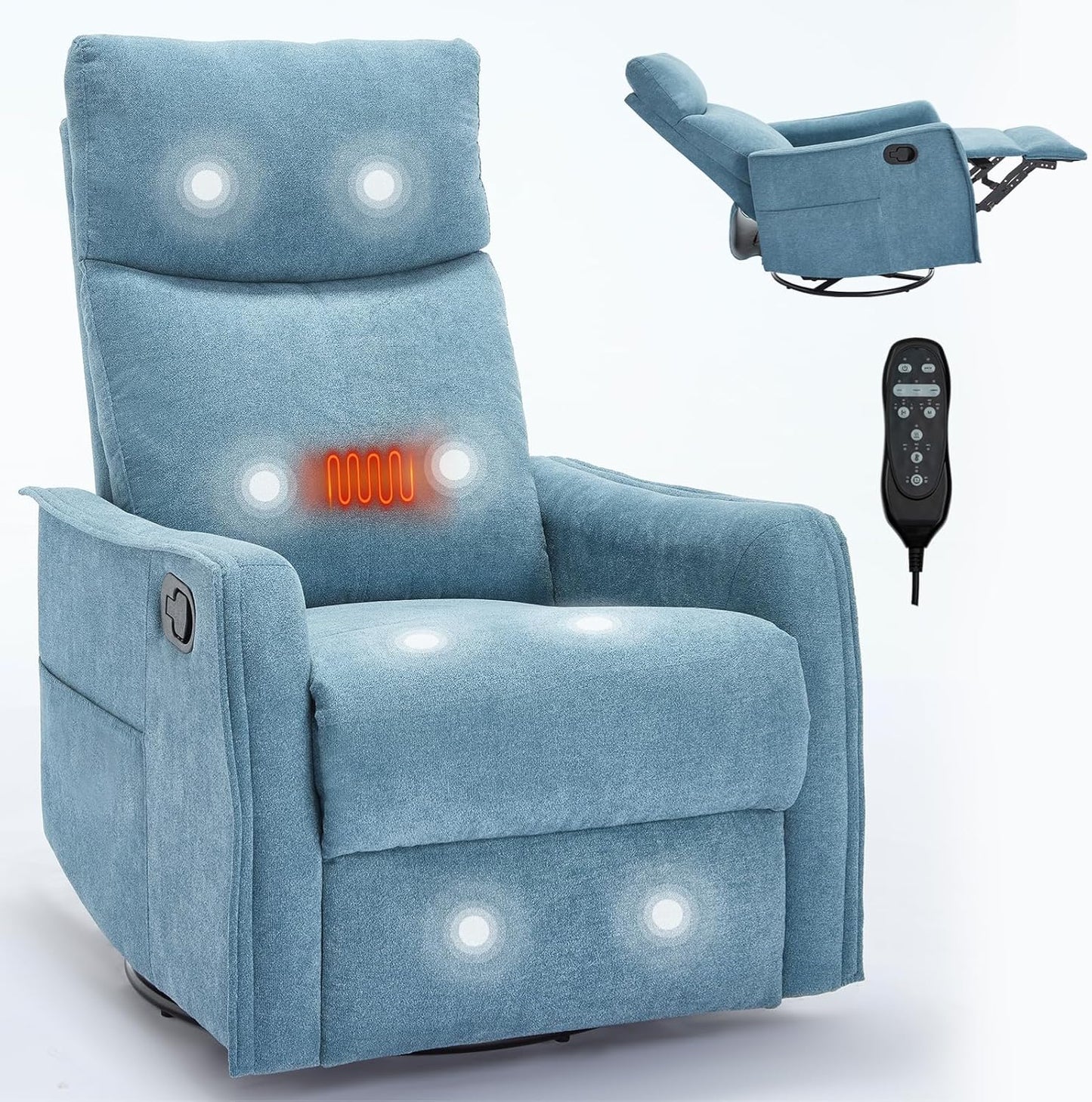 Swivel Rocker Recliner Chair for Adults, Nursery Rocking Chair with Heat and Massage, Glider Reclining Chair for Small Space Living Room Bedroom, Faux Leather Black