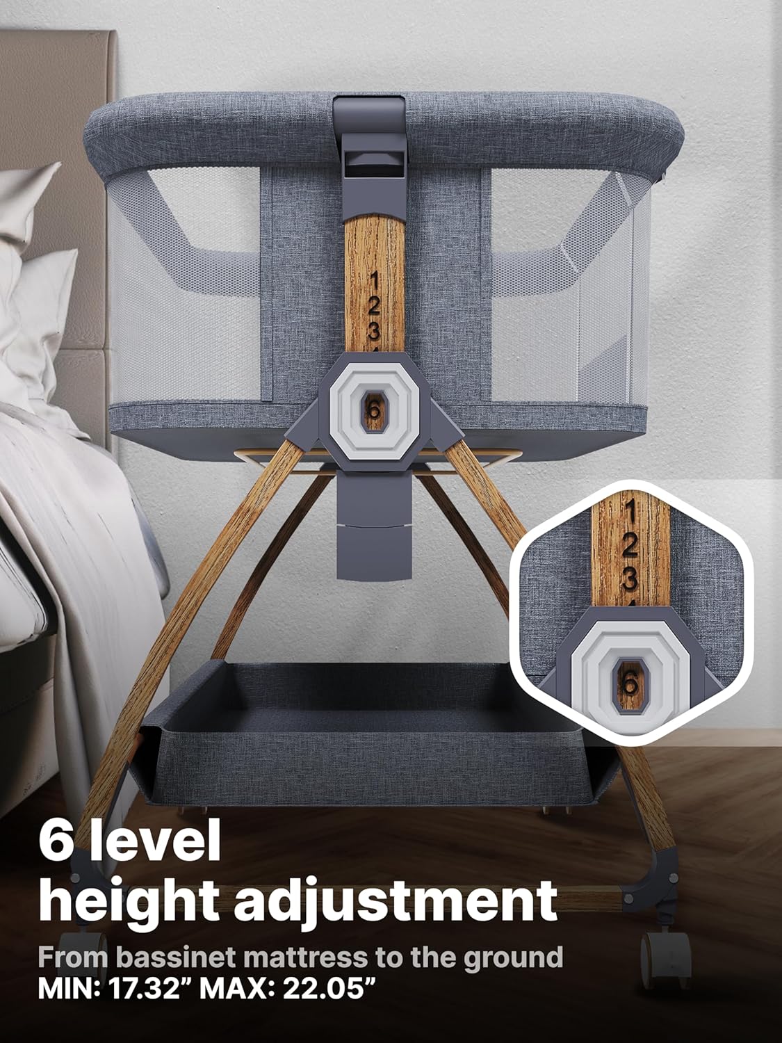 Earth&ME Baby Bassinet Bedside Sleeper with Rocking - All Mesh Portable Bedside Crib for Safe Co-Sleeping, Storage Basket and Wheels, Adjustable Height, Includes Travel Bag, Mosquito Net (Whate, Grey)