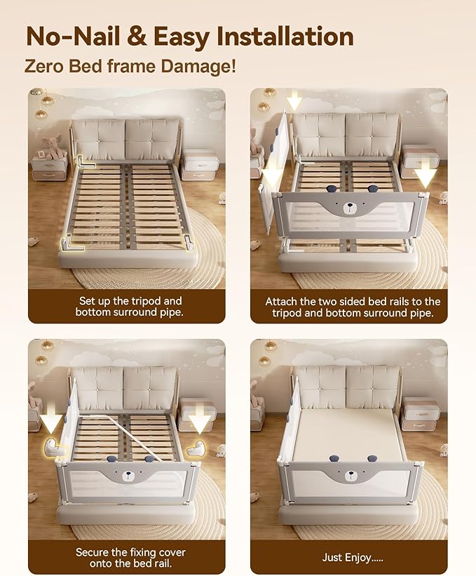 2 Piece Bed Rails for King Size Bed, No-Drill Needed Baby Bed Rail Guard for Toddlers with Height Adjustable, Thickened Child Safety Side Railing Guards/Bedrail for Kids, Grey Bear, 74.8x78.7Inches