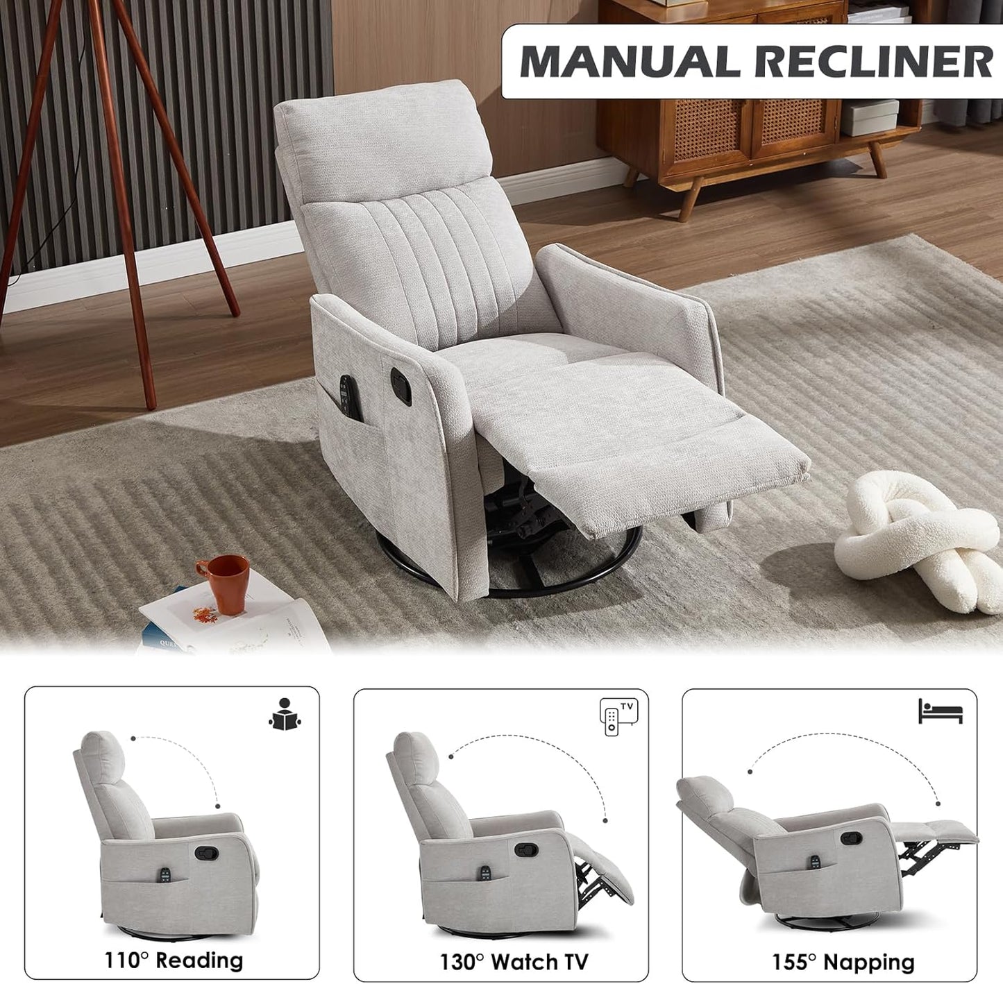 Trustyue Swivel Rocker Recliner Chair, 360° Swivel Recliner with Heat and Massage, Rocker Recliner Nursery Glider Chair with Side Pockets for Living Room (Beige, Fabric)