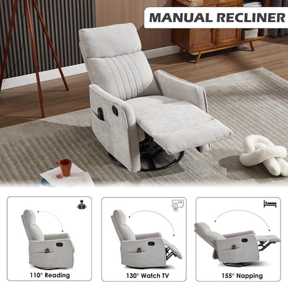 Trustyue Swivel Rocker Recliner Chair, 360° Swivel Recliner with Heat and Massage, Rocker Recliner Nursery Glider Chair with Side Pockets for Living Room (Beige, Fabric)