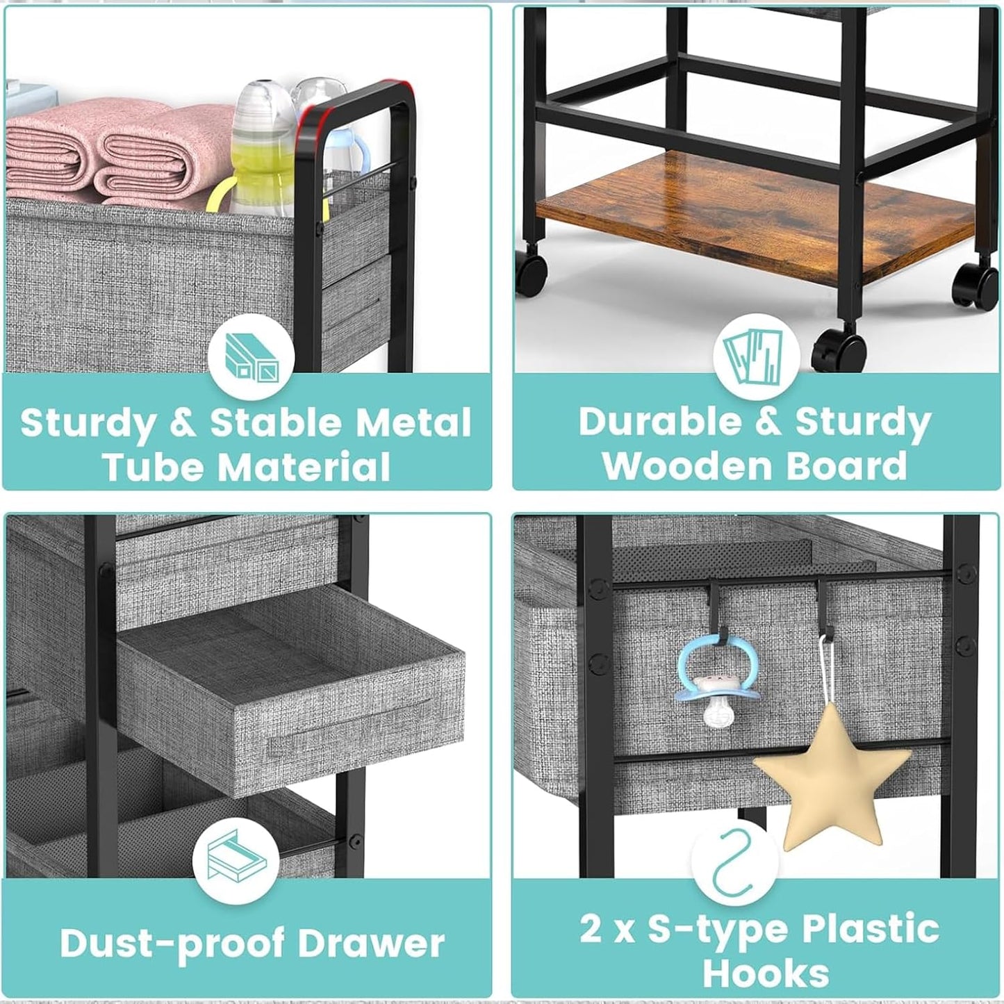 LIDTOP 2In1 Baby Diaper Caddy & 3-Tier Rolling Diaper Cart, Diaper Caddy Organizer Cart with Dividers, Mobile Metal Utility Cart for Nursery Essentials, Detachable Bedside Cart, Large Capacity