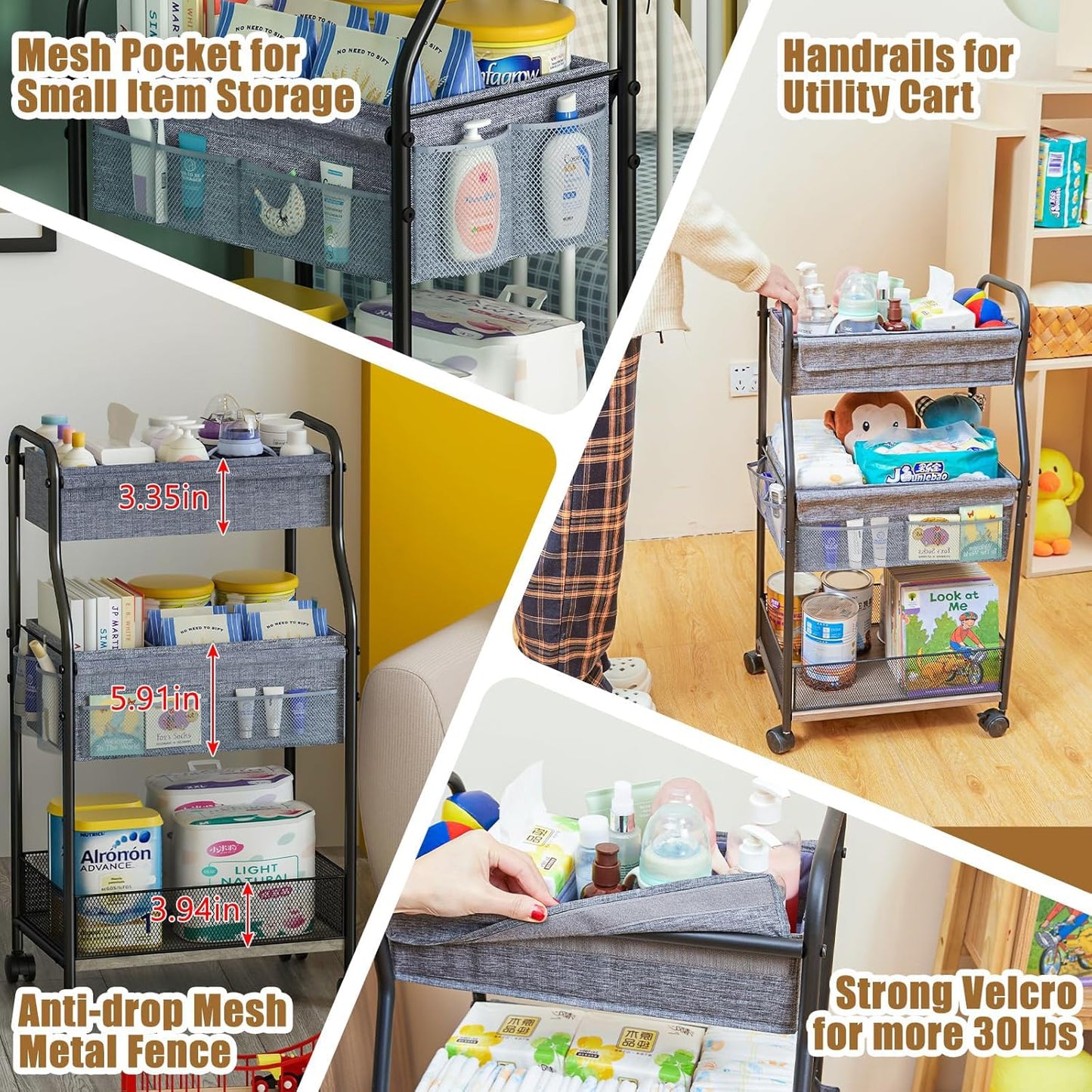 3-Tier Baby Diaper Caddy Cart Organizer,Mobile Nursery Storage Carts with Wheels,With 2 Dividers&14 Mesh Pockets Durable Metal Utility Cart for Nursery, Bedroom, Bathroom, Baby Essentials Organization
