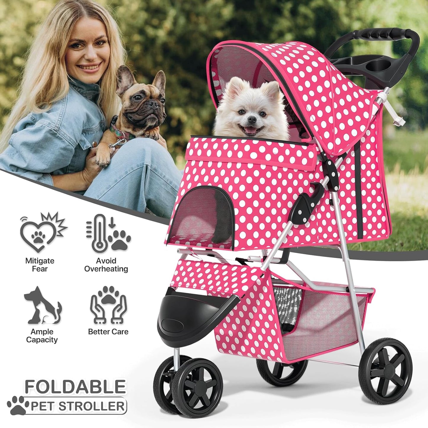 MoNiBloom Foldable Pet Stroller with Weather Cover, 3 Wheels Pet Strolling Cart for Small/Medium Dogs and Cats with Storage Basket and Cup Holder, Breathable and Visible Mesh for All-Season, Black