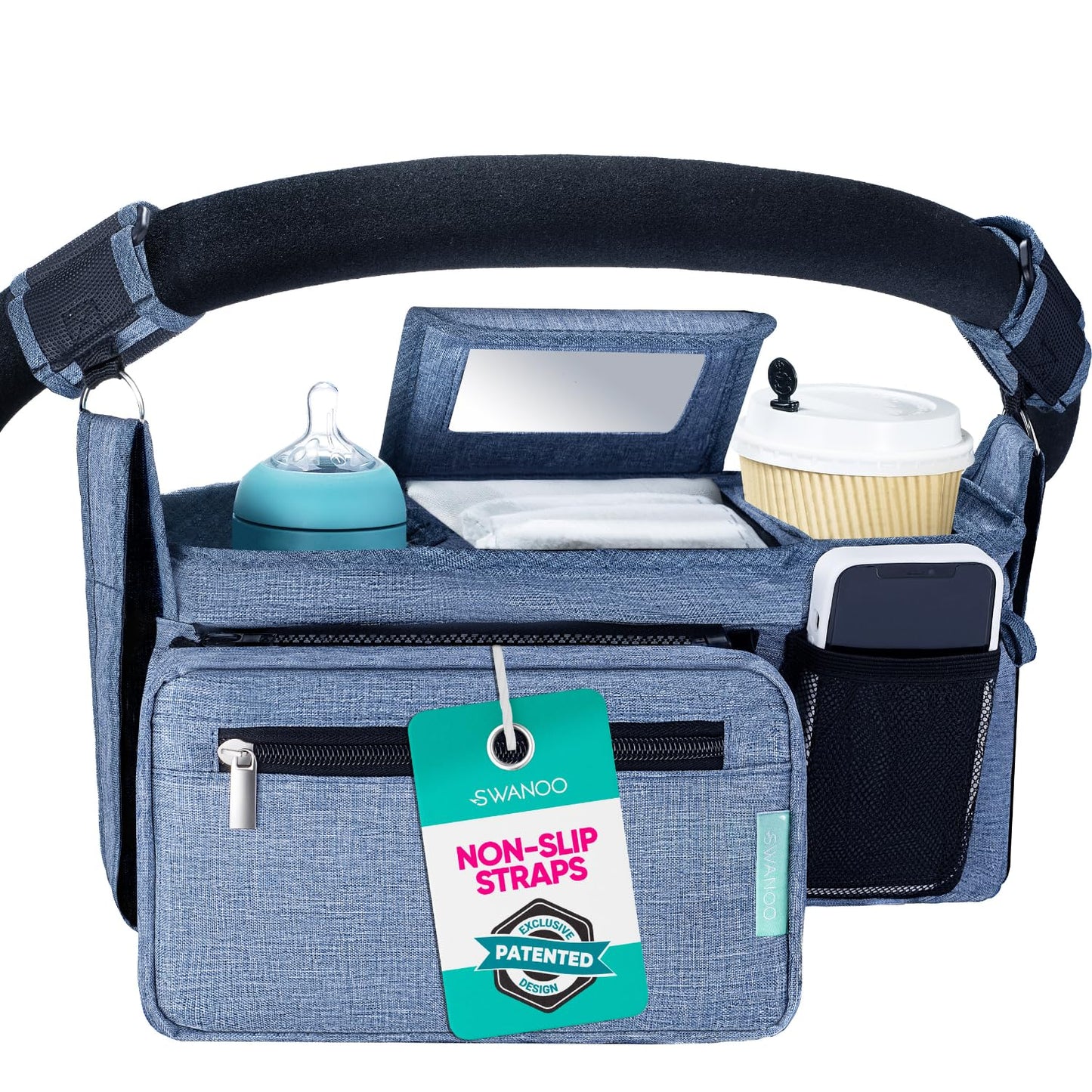 Swanoo Stroller Caddy Organizer With Cup Holder, Non Slip Straps Bag for Phone, Pet Stroller Accessories, Universal Fits Uppababby Vista v2 Wonderfold Wagon, Doona and More