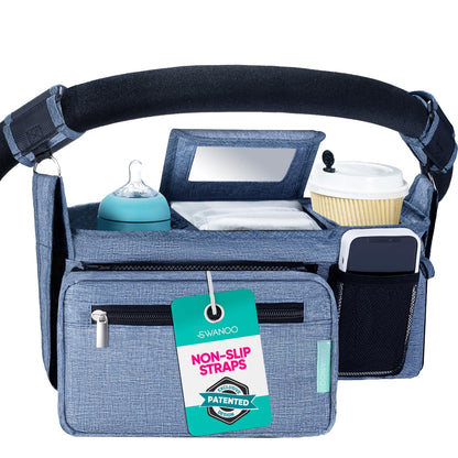 Swanoo Stroller Caddy Organizer With Cup Holder, Non Slip Straps Bag for Phone, Pet Stroller Accessories, Universal Fits Uppababby Vista v2 Wonderfold Wagon, Doona and More