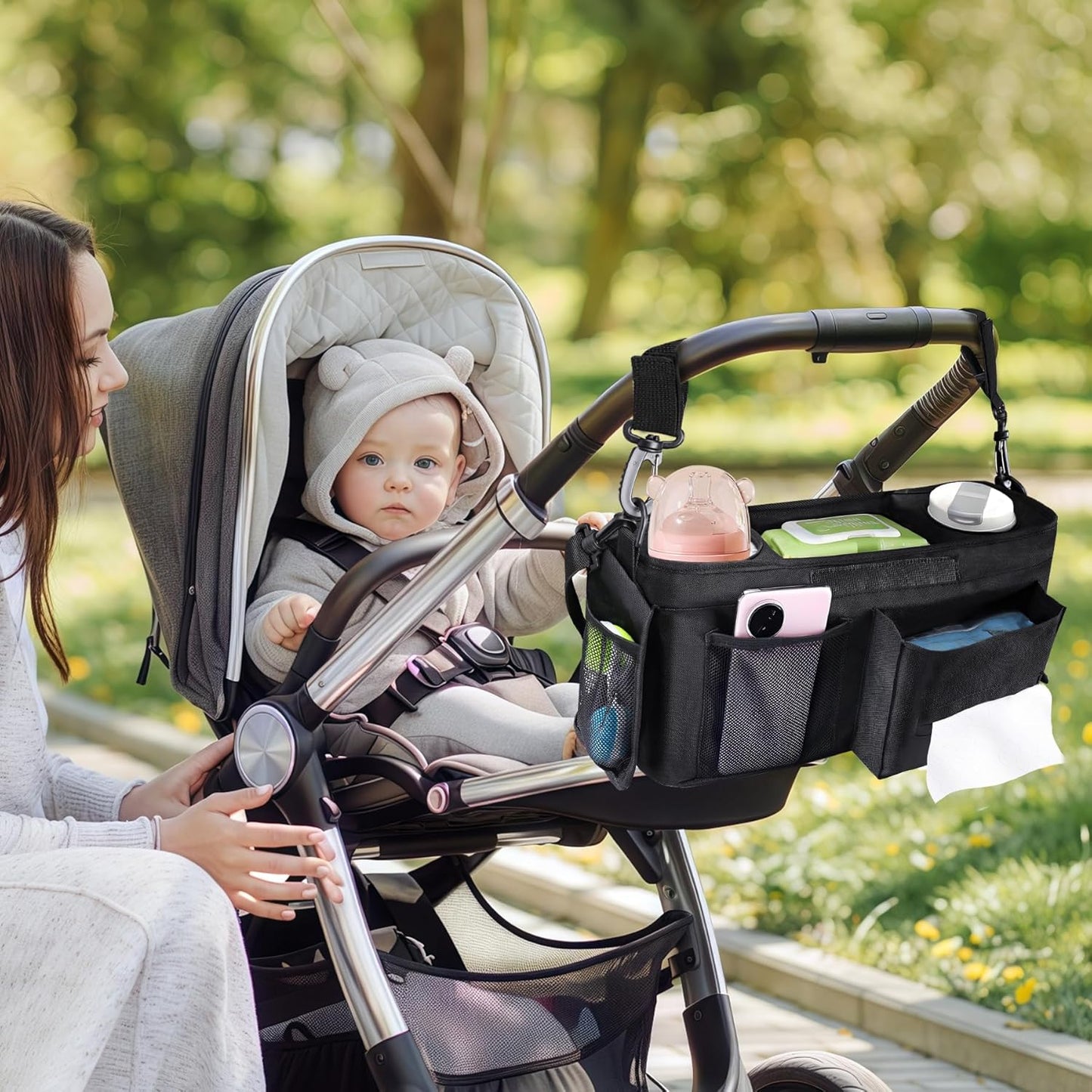 INFANZIA Universal Adjustable Stroller Organizer with Insulated Cup Holders, Phone Bag & Detachable Shoulder Strap, Fits Uppababy, Doona, Britax, Jogging Strollers and Most Baby Strollers (Black)
