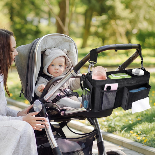 INFANZIA Universal Adjustable Stroller Organizer with Insulated Cup Holders, Phone Bag & Detachable Shoulder Strap, Fits Uppababy, Doona, Britax, Jogging Strollers and Most Baby Strollers (Black)