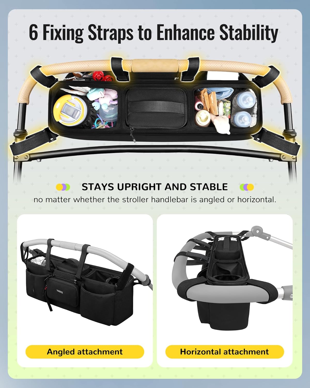 YOREPEK Heavy Duty Double Stroller Organizer for Bob Duallie, Baby Jogger City Mini GT2 and Jeep,Stroller Caddy with Detachable Cooler Bag and Handbag,Stroller Storage Attachment for Baby Accessories