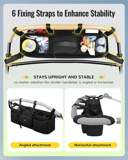 YOREPEK Heavy Duty Double Stroller Organizer for Bob Duallie, Baby Jogger City Mini GT2 and Jeep,Stroller Caddy with Detachable Cooler Bag and Handbag,Stroller Storage Attachment for Baby Accessories