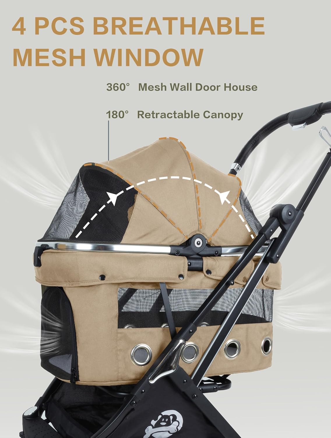 JK Pawadore 4 Wheels Pet Stroller Best Lightweight Foldable Portable Secure Easy Lock NO-Zip 180 ̊ Canopy Sun Shades Waterproof for Small/Medium Dogs 33lbs with Large Storage Basket (Khaki)