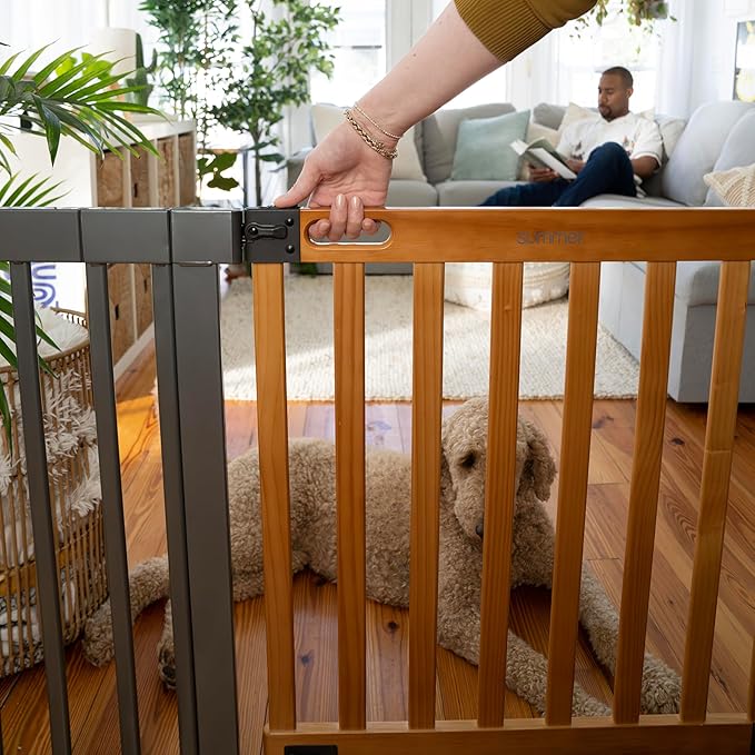 Summer Infant West End Extra Wide Safety Pet and Baby Gate, 36"-60" Wide, 30" Tall, Pressure or Hardware Mounted, Install Wall to Wall in Doorway, Auto Close Walk-Thru Door - Oak Wood and Metal