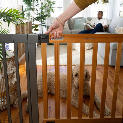 Summer Infant West End Extra Wide Safety Pet and Baby Gate, 36"-60" Wide, 30" Tall, Pressure or Hardware Mounted, Install Wall to Wall in Doorway, Auto Close Walk-Thru Door - Oak Wood and Metal