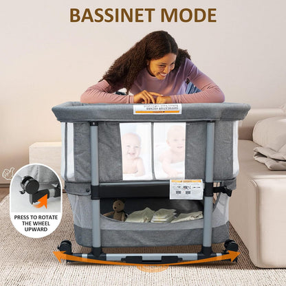 Twin Bassinet for 2 Babies, Double Bassinet for Twins, Baby Bassinet with Wheels, Full-Mesh Sides, 5-Height Adjustable, Portable and Stable Baby Crib for Newborns (Basic Grey)