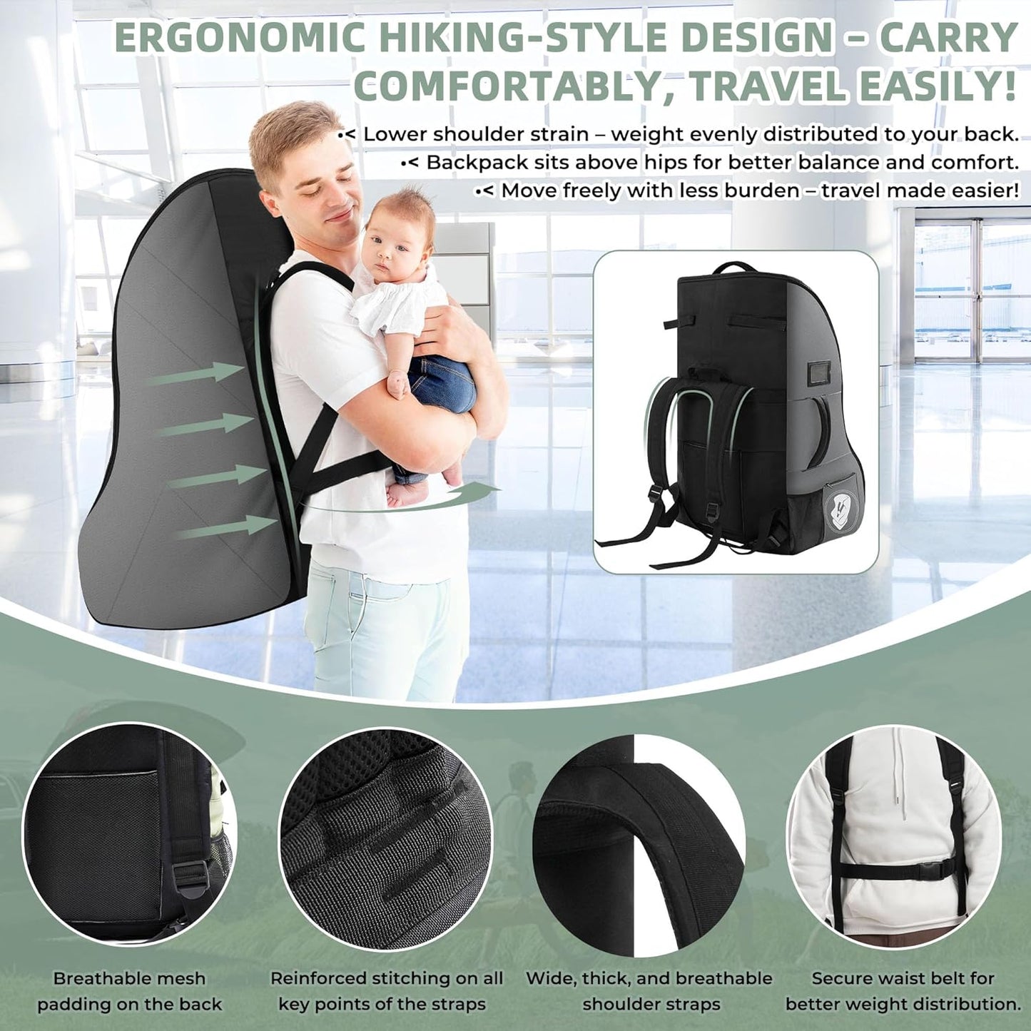 Car Seat Travel Bag for Airplane – Waterproof Heavy Duty Carseat Backpack for Gate Check or Airport Travel – Fits Infant, Convertible & Booster Seats, Black