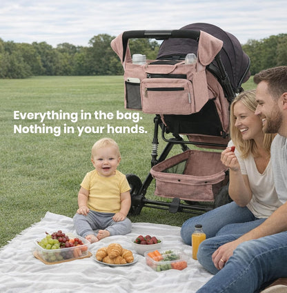 Black Universal Stroller Organizer with 2 Insulated Cup Holders, 3-in-1 Stroller Caddy with Detachable Phone Bag & Non-Slip Shoulder Strap, Fits Uppababy, Nuna, Doona, Baby Essentials