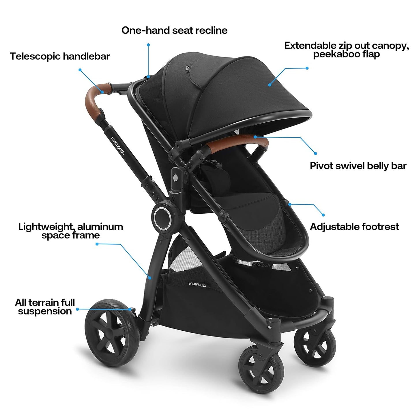 Mompush Ultimate2 Baby Stroller, Premium Convertible Full-Size Stroller for Toddler, Reversible Seat with One Hand Recline Adjustment, Car Seat Adapter Included