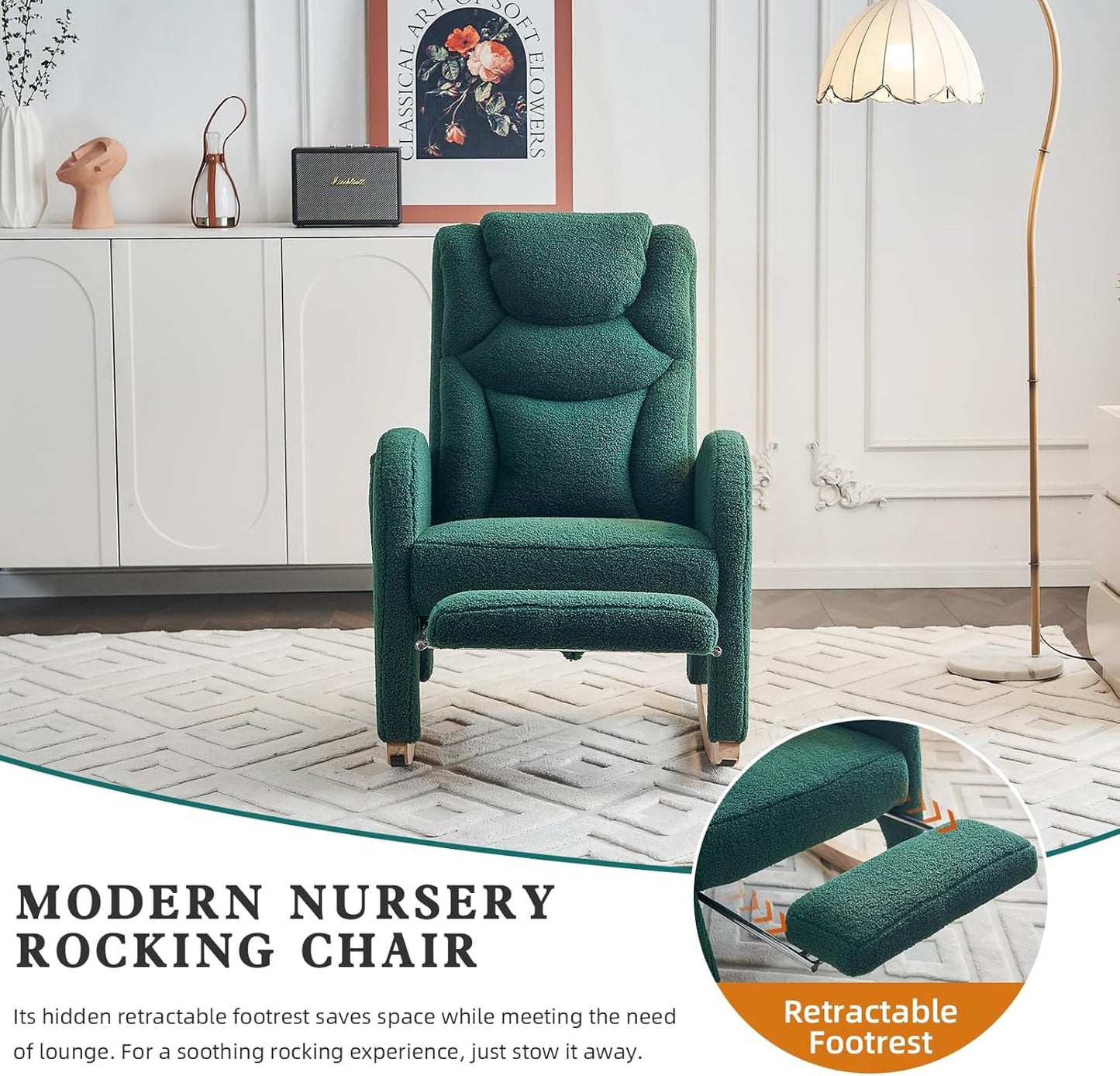 Rocking Chair Nursery with Foot Rest,Upholstered Teddy Glider Rocker with Wood Legs, Nursing Rocking Chair for Living Room/Nursery,Pink