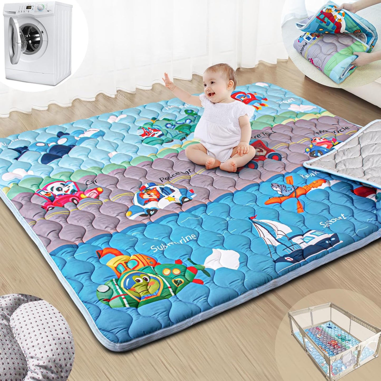 Baby Play Mat, 50x50 Playpen Mat with Super Soft Touch, Activity Mats with Upgraded Anti-Slip Bottom, Machine Washable Crawling Mats for Floor & Picnic (Animal Alphabets)