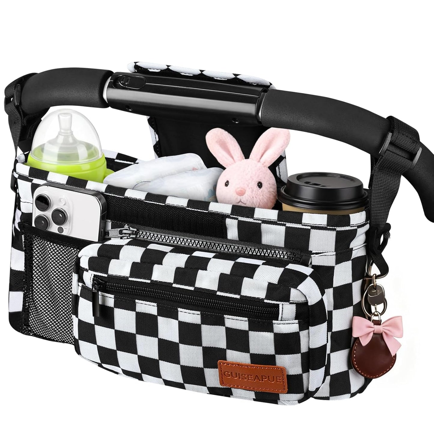 Guiseapue Universal Stroller Organizer with Cup Holder: Stroller Caddy Accessories with Detachable Phone Bag Fit for Uppababy, Non-Slip Straps, Walker Accessories, First Mothers Day Gifts for New Mom