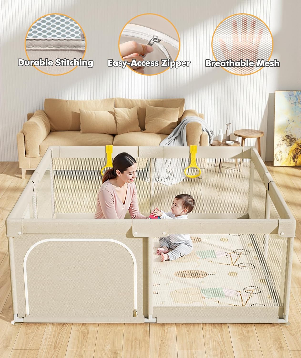 Mloong Baby Playpen with Mat, 59x59 Inches Extra Large Playpen for Babies and Toddlers, Indoor & Outdoor Activity Center, Safety Baby Fence