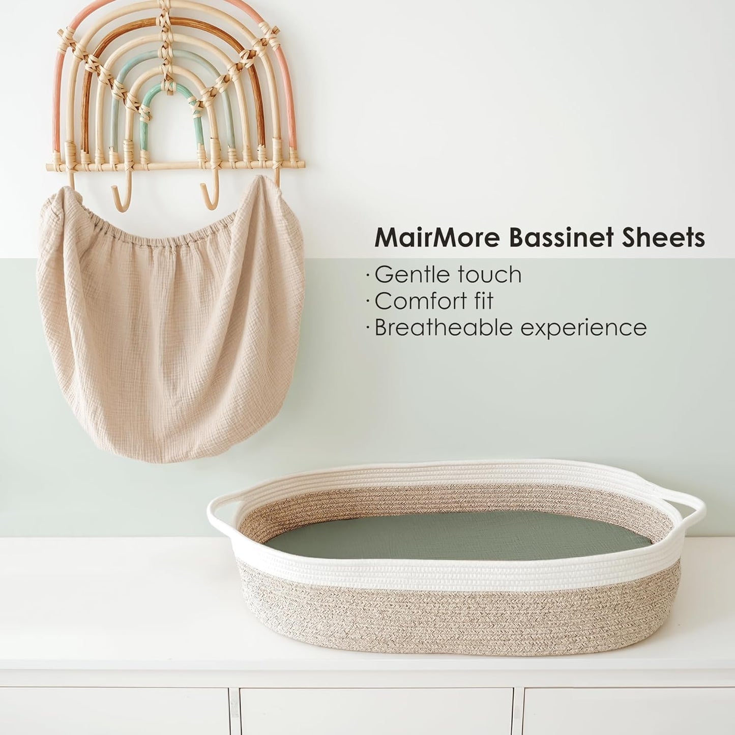 MairMore 2 Pack Muslin Fitted Bassinet Sheets for Babies, Soft & Breathable 100% Cotton Bedside Sleeper Bassinet Sheet, Moses Basket Oval Rectangle Pad/Mattress (Pink Blossom)