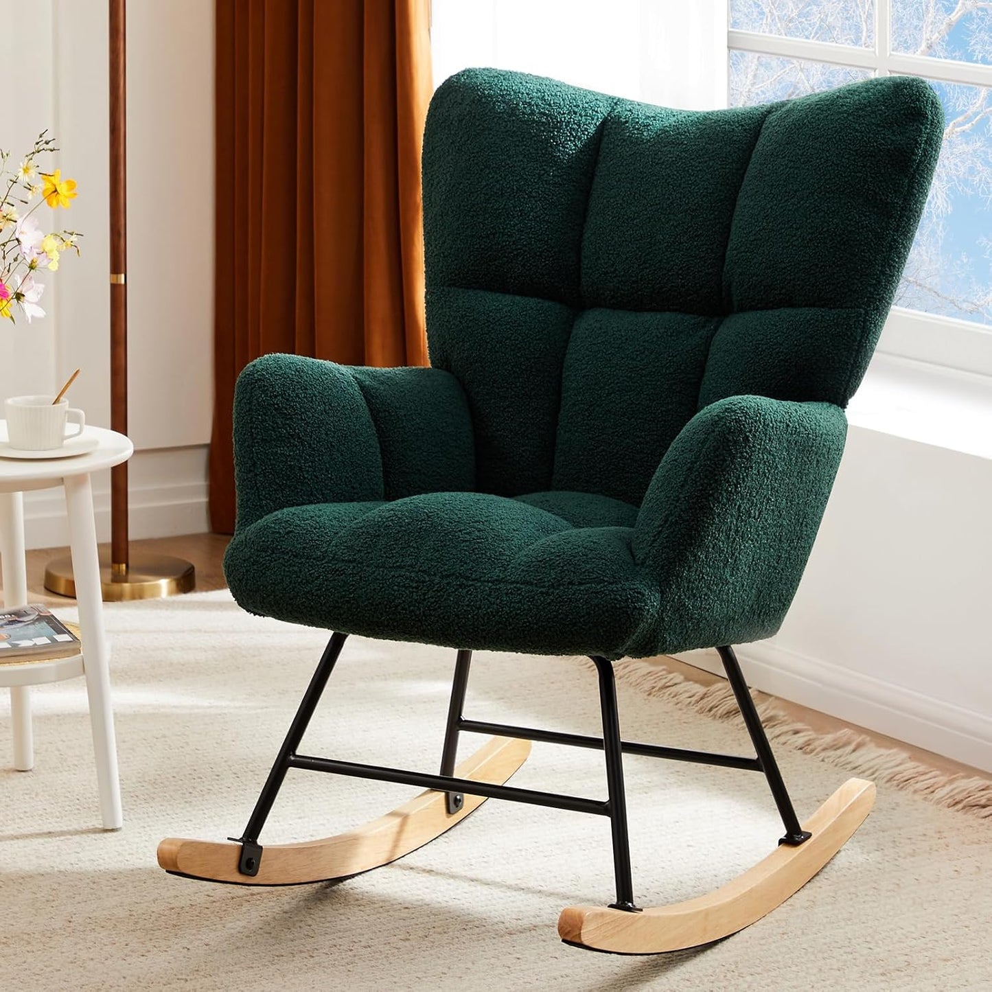 DUMOS Nursery Rocking Chair Teddy Upholstered, Comfy Glider Rocker with High Backrest Armchair Padded Seat, Accent Side Chair for Living Room Bedroom Offices Small Spaces Indoor, Beige
