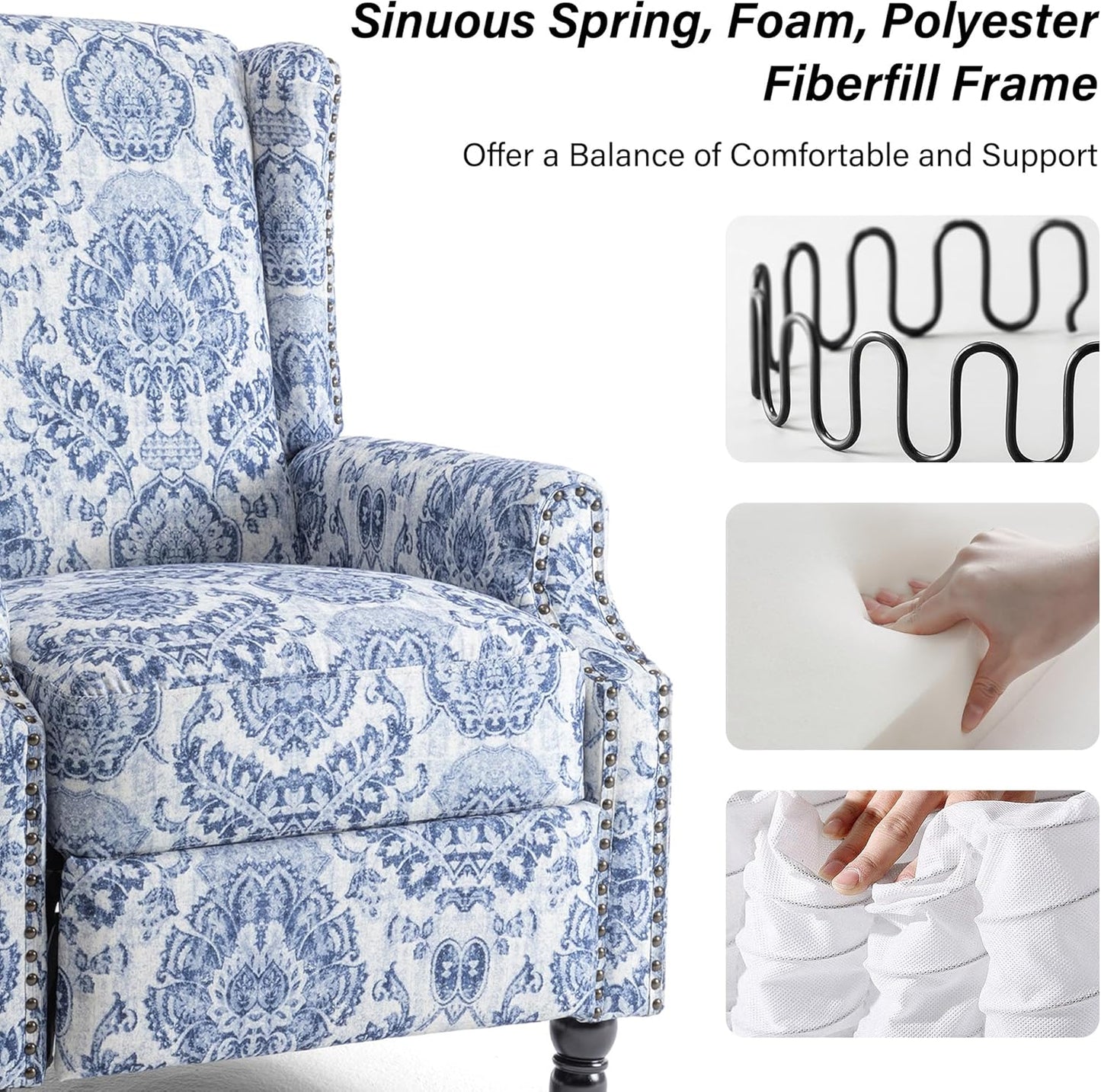 Swivel Rocker Recliner Chair, Manual Nursery Glider Recliner, Floral Fabric Wingback Accent Chair with Adjustable Backrest & Footrest for Small Spaces Living Room Bedroom (Plants Floral, Set of 1)