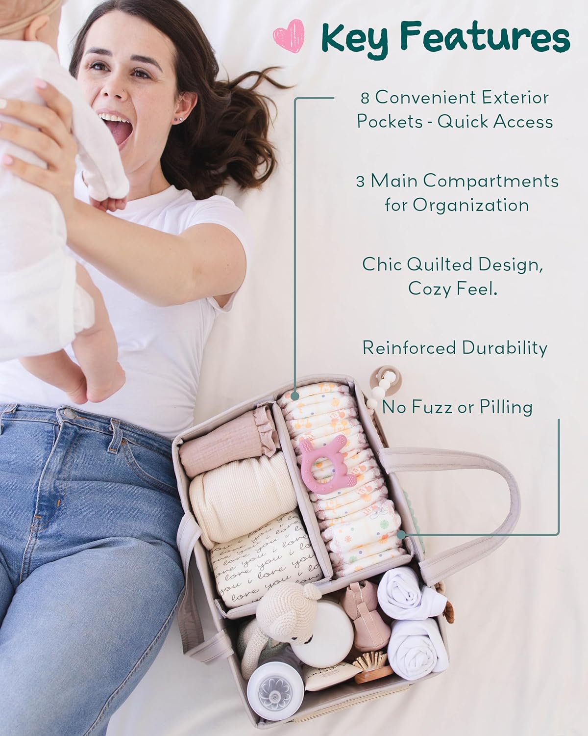 Lily Miles Baby Diaper Caddy Organizer, Quilted Nursery Storage Basket for Newborn Essentials and Diaper Changing Station, Gift for Baby Shower and Registry Must-Have (Willow Green)