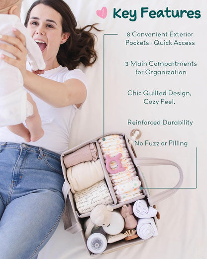 Lily Miles Baby Diaper Caddy Organizer, Quilted Nursery Storage Basket for Newborn Essentials and Diaper Changing Station, Gift for Baby Shower and Registry Must-Have (Willow Green)