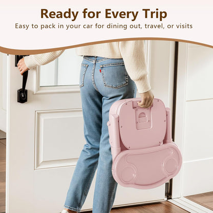 Booster Seat for Kitchen Chair, 3-in-1 Foldable & Portable Booster Seat with Tray, Extra Dishwasher-Safe Tray, Safety Straps for 6–18M (Up to 30 lbs), for Dining Table, Travel & Camping, Gray