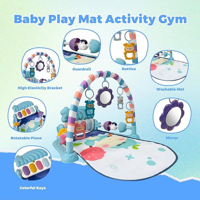 Cuterabit Baby Tummy Time Play Mat, Kick and Play Piano with Music and Light, Activity Gym Center for Newborn Babies Infants Boys Girls 0-3-6-9-12 Months (Blue)