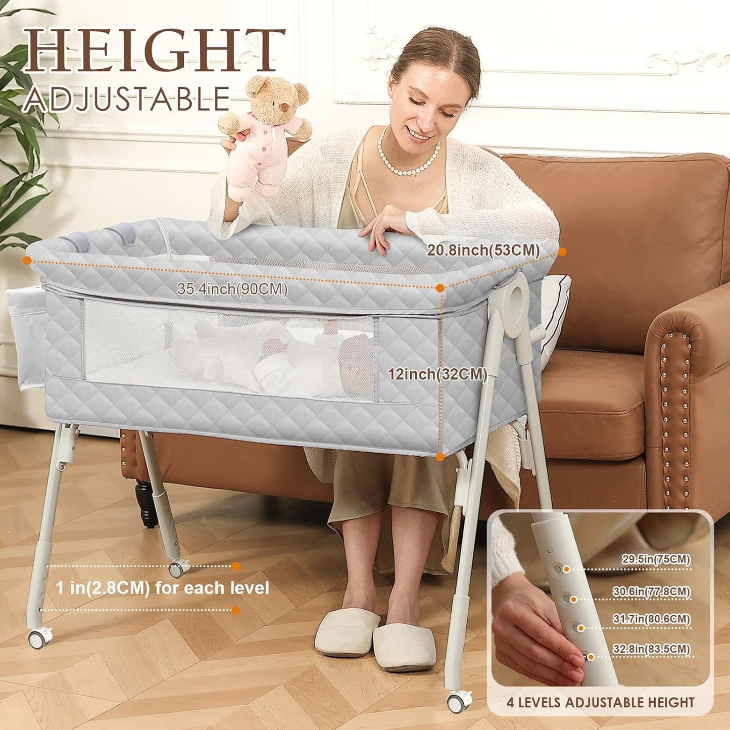 Baby Bassinet Bedside Crib for Newborn, 4-in-1 Baby Bassinet Bedside Sleeper with Mesh & Mattress, Easy Move Crib for Newborns with Lockable Wheels & Storage Basket, 4-Adjustable Height(Grey) | Bassinet with Wheels, Storage Basket, 4 Height Adjustable