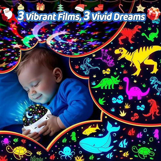 COOLNIGHT Boy Room Decor, 93 Lighting+3 Films Toddler Room Decor, Remote+Dimmable+360° Slient Nightlight for Baby Nursery, Starry Night Light Up Toys, Moon Projector (White)