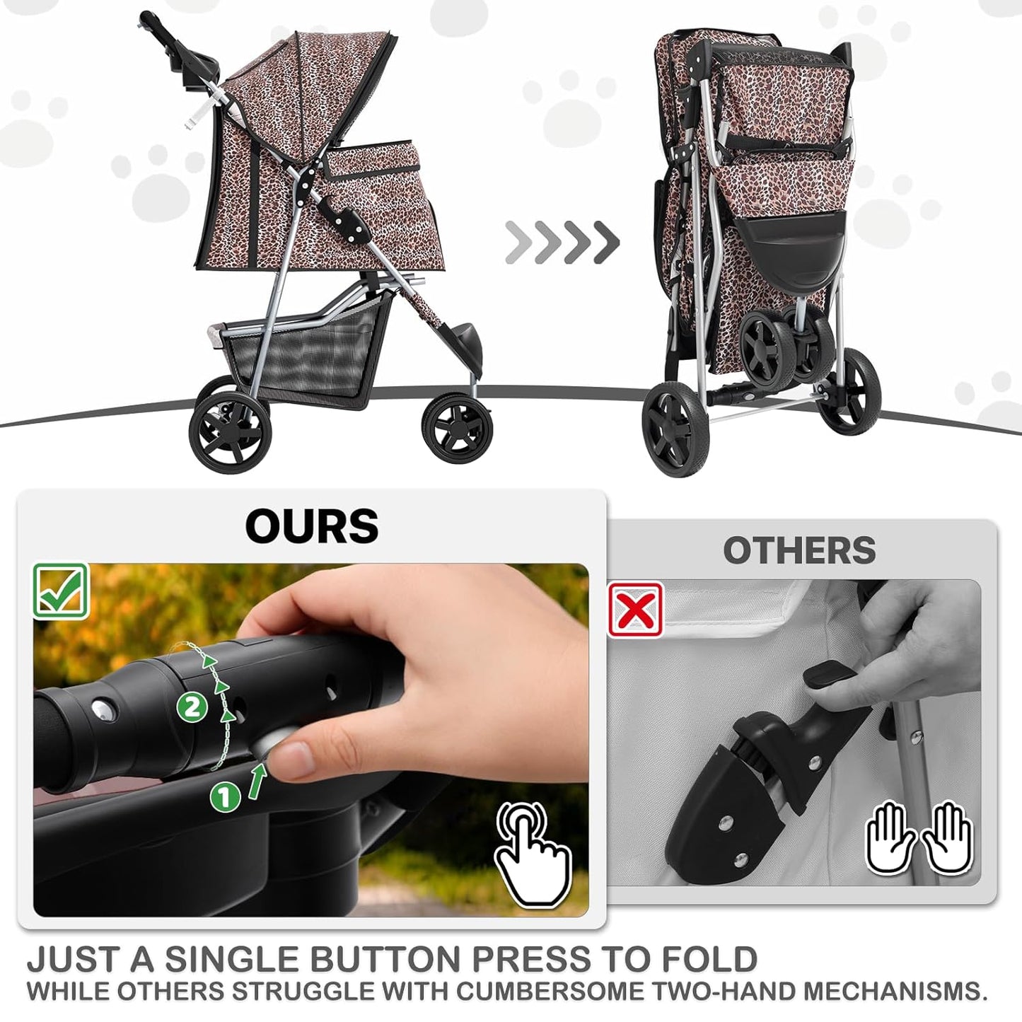 MoNiBloom Foldable Pet Stroller with Weather Cover, 3 Wheels Pet Strolling Cart for Small/Medium Dogs and Cats with Storage Basket and Cup Holder, Breathable and Visible Mesh for All-Season, Black